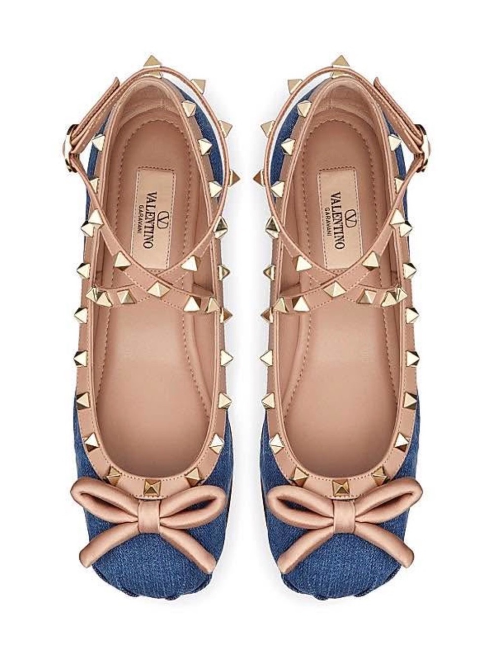 Valentino Blue Denim Rockstud Bow Ballet Flats with Nude Trim
